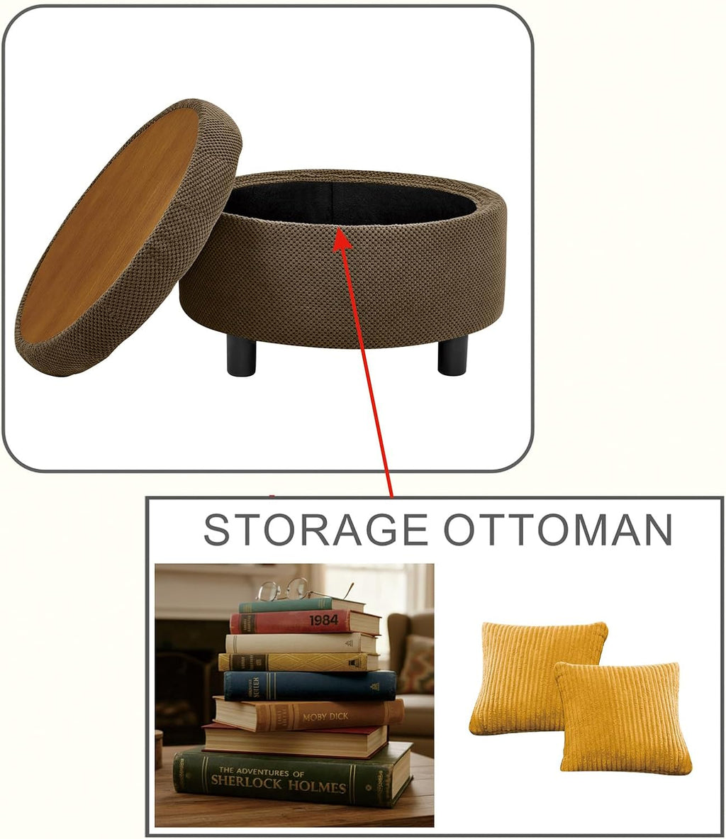 Round Storage Ottoman with Reversible Tray Lid, 25' Upholstered Button Tufted Coffee Table with Storage Foot Rest Stool for Living Room, Bedroom, Entryway, Coffee