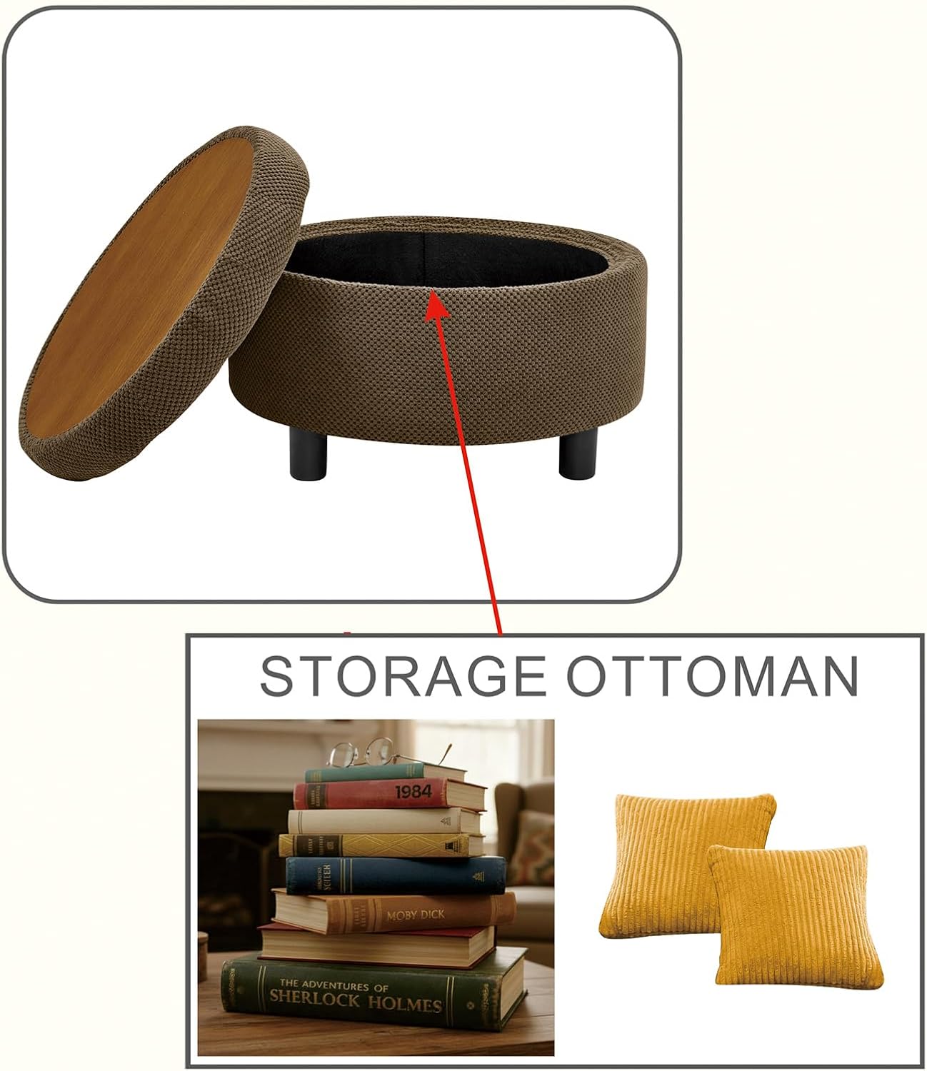 Round Storage Ottoman with Reversible Tray Lid, 25' Upholstered Button Tufted Coffee Table with Storage Foot Rest Stool for Living Room, Bedroom, Entryway, Coffee