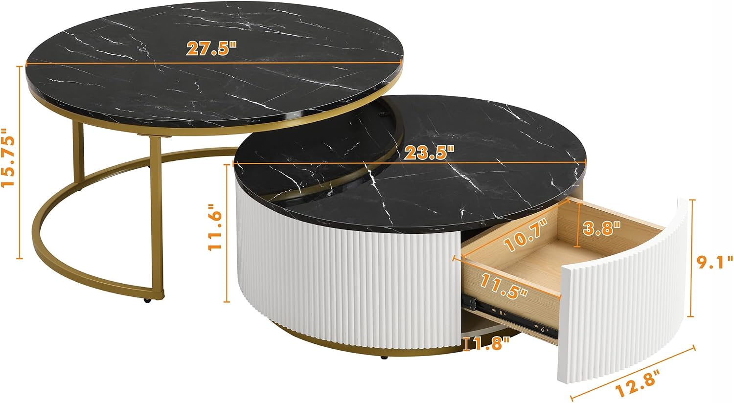 27.6' Lift-Top Nesting Coffee Table Set of 2, Modern Round Coffee Table with Drawer, Circular Wood Center Table Set for Living Room, Apartment, Black & Gold