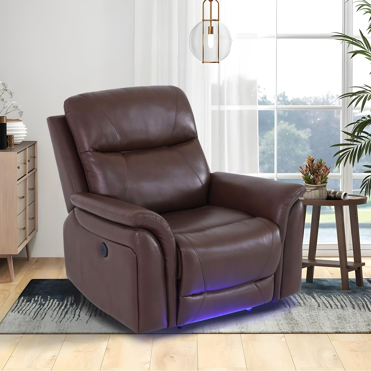 Leather Power Recliner Chair, Reclining Sofa Chair with Padded Backrest, Single Home Theater Seating with Light Strip, Classic Brown Recliner Furniture for Living Room/Office/RV, Brown