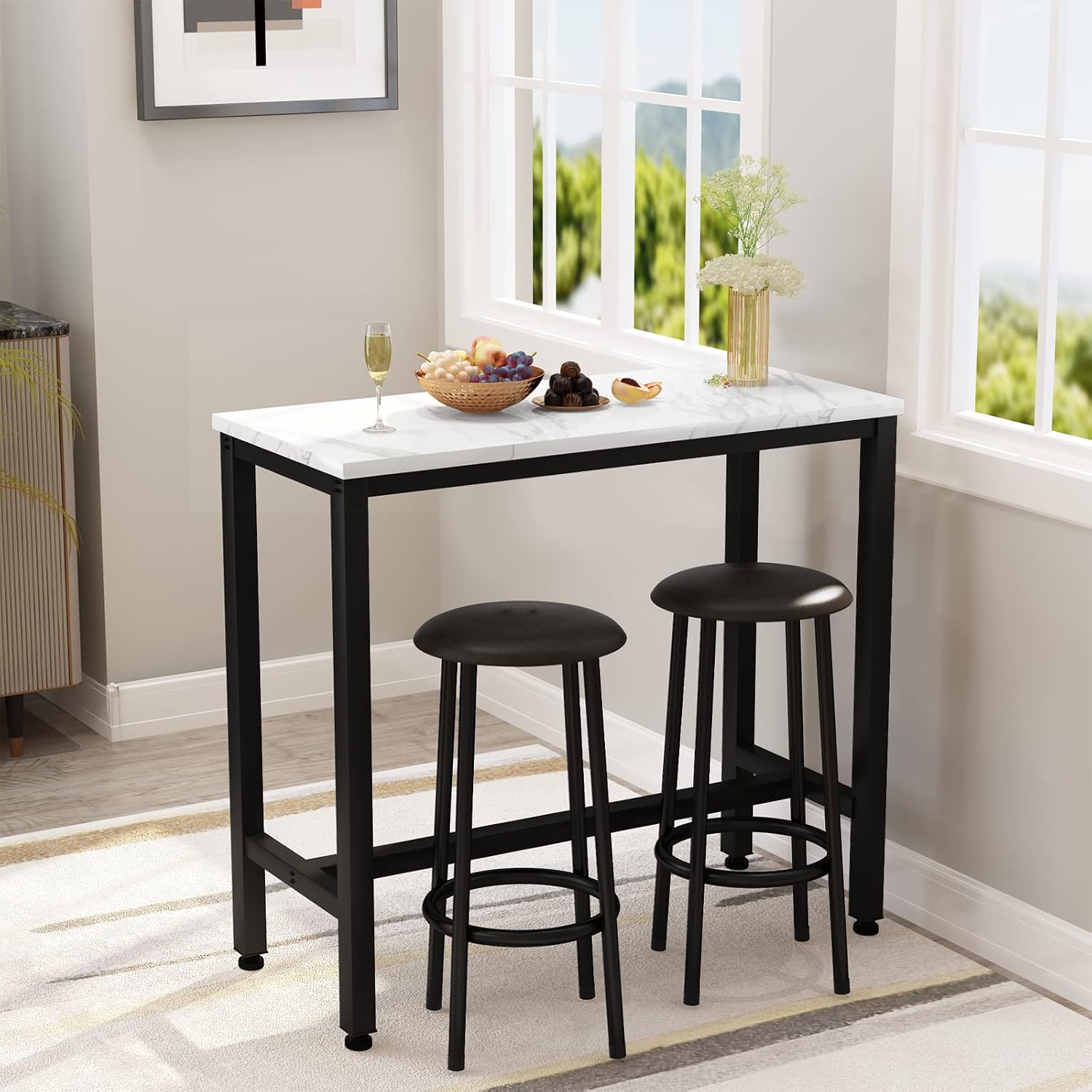 AWQM 39.3' Bar Table Set of 2,Faux Marble Pub Height Table and Chairs Set of 2 with Upholstered Stools,3 Piece Bar Table and Chairs Set Dining Table Set for Living Room,Kitchen,Bar,White & Brown