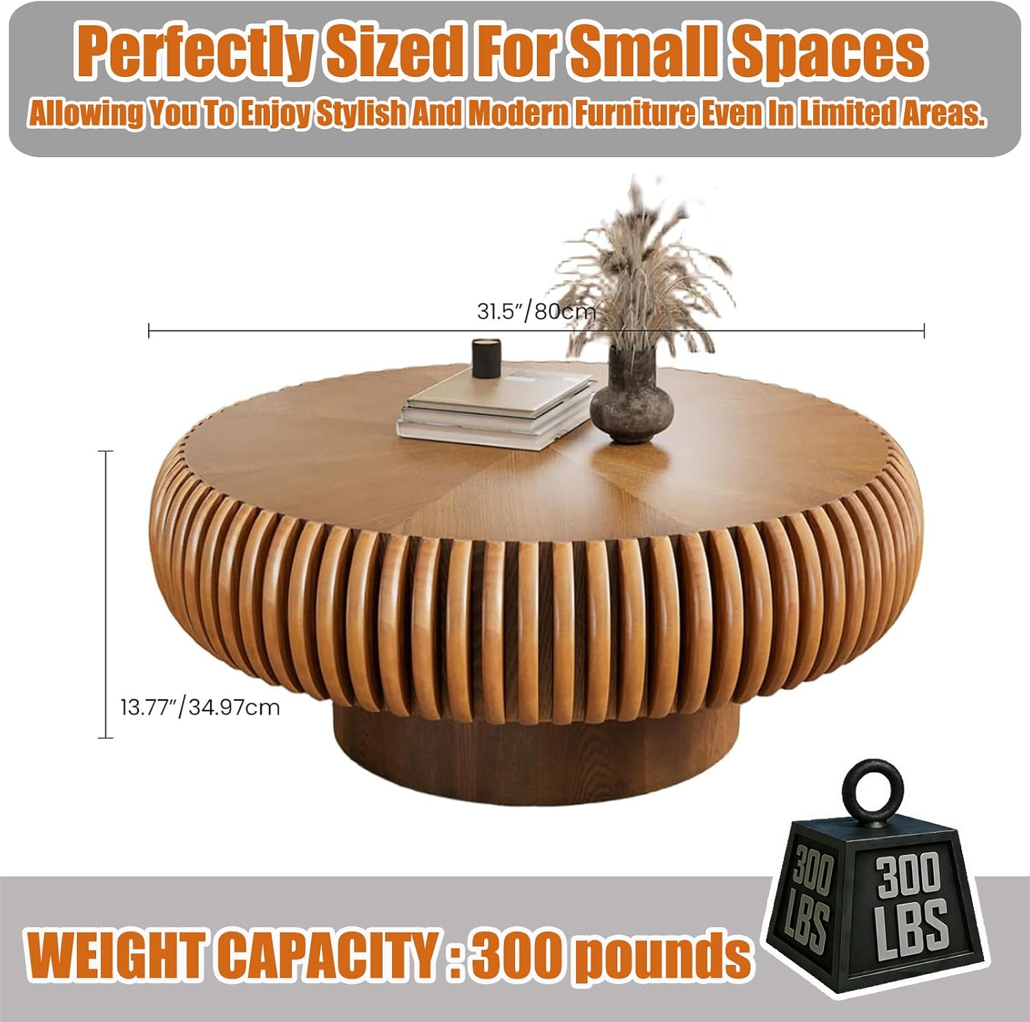 31.5' Round Drum Coffee Table, Modern Fluted Tea Table with Solid Wood Veneer, Wooden Circle Center Table for Living Room, Small Spaces, and Apartments, Easy Assembly