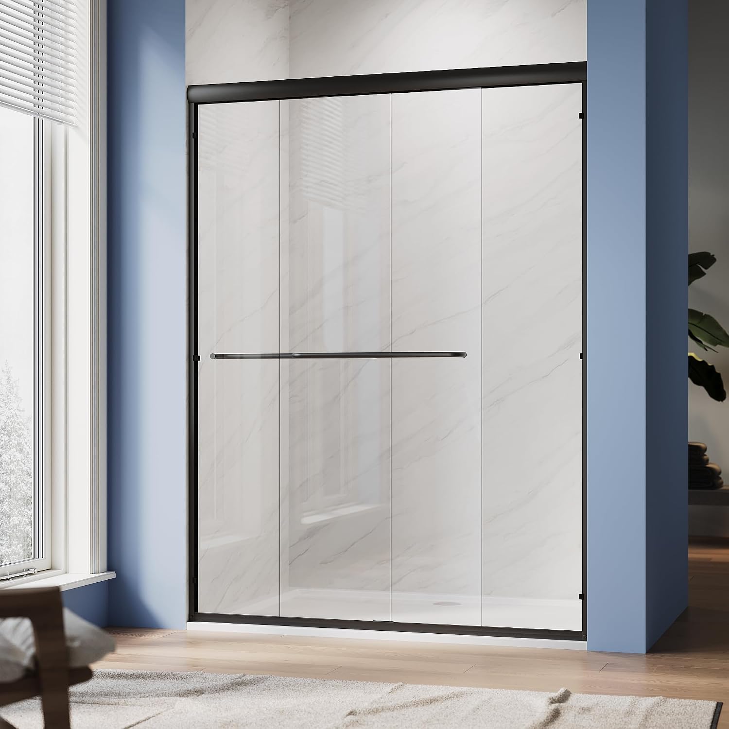 SUNNY SHOWER Double Sliding Glass Door 54' W x 72' H Shower Door 1/4' Tempered Glass Sliding Door Semi-Frameless Shower Glass Enclosure Bypass Walk in Shower Cabin, Matte Black
