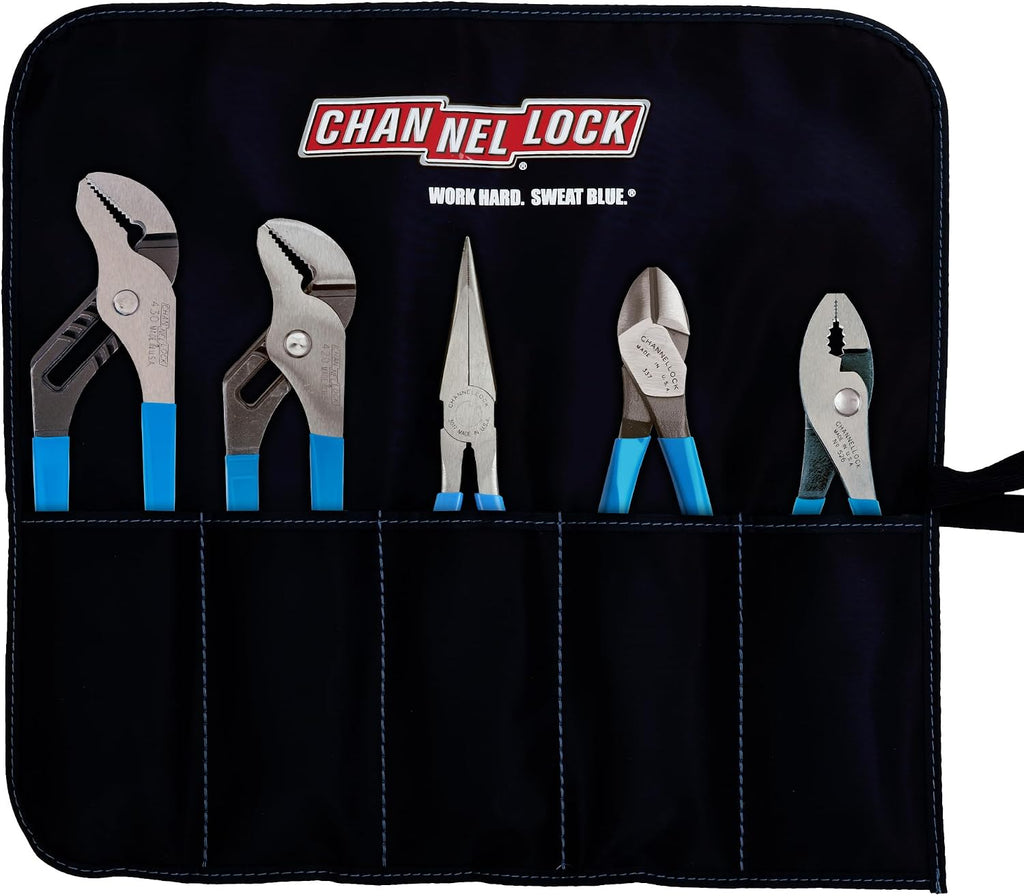 CHANNELLOCK TOOL ROLL-3 5pc Professional Pliers Set with Tool Roll, Made in USA, Includes Straight Jaw Tongue & Groove, Cutting, Long Nose, and Slip Joint Pliers, Forged High Carbon Steel