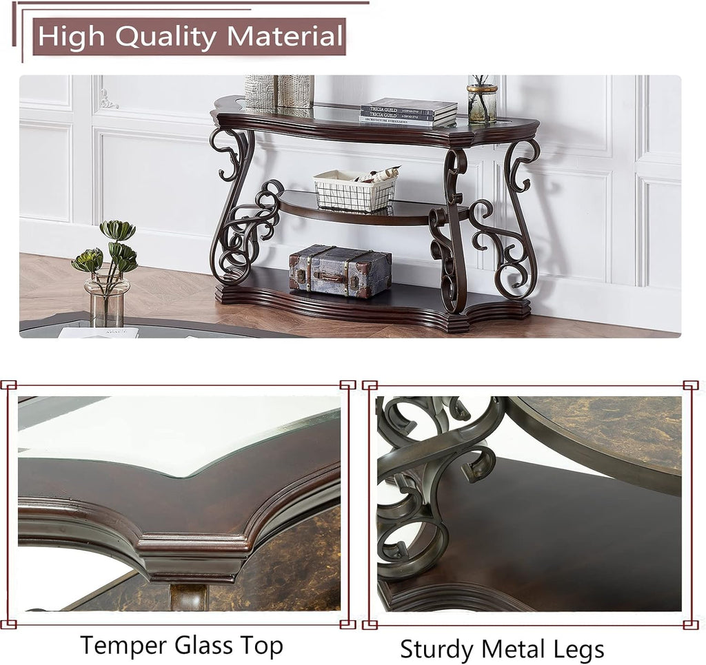 Elegant Retro Console Table, 3-Tier Traditional Rectangle Sofa Table with Tempered Glass Top, Mid-Marble Shelf, Vintage Accent Entryway Table for Living Room Hallway, Easy Assembly