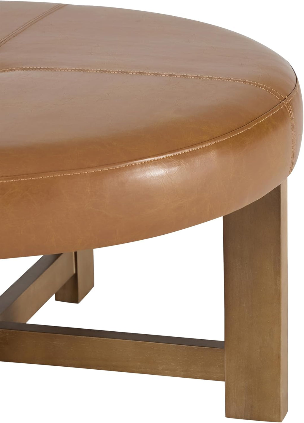 Christopher Knight Home Ladin Modern Round Ottoman Coffee Table, Faux Leather Cocktail Ottoman for Living Room Sofa, Entryway Comfortable Footstool, Wooden Ottoman Foot Rest, Light Brown+Walnut