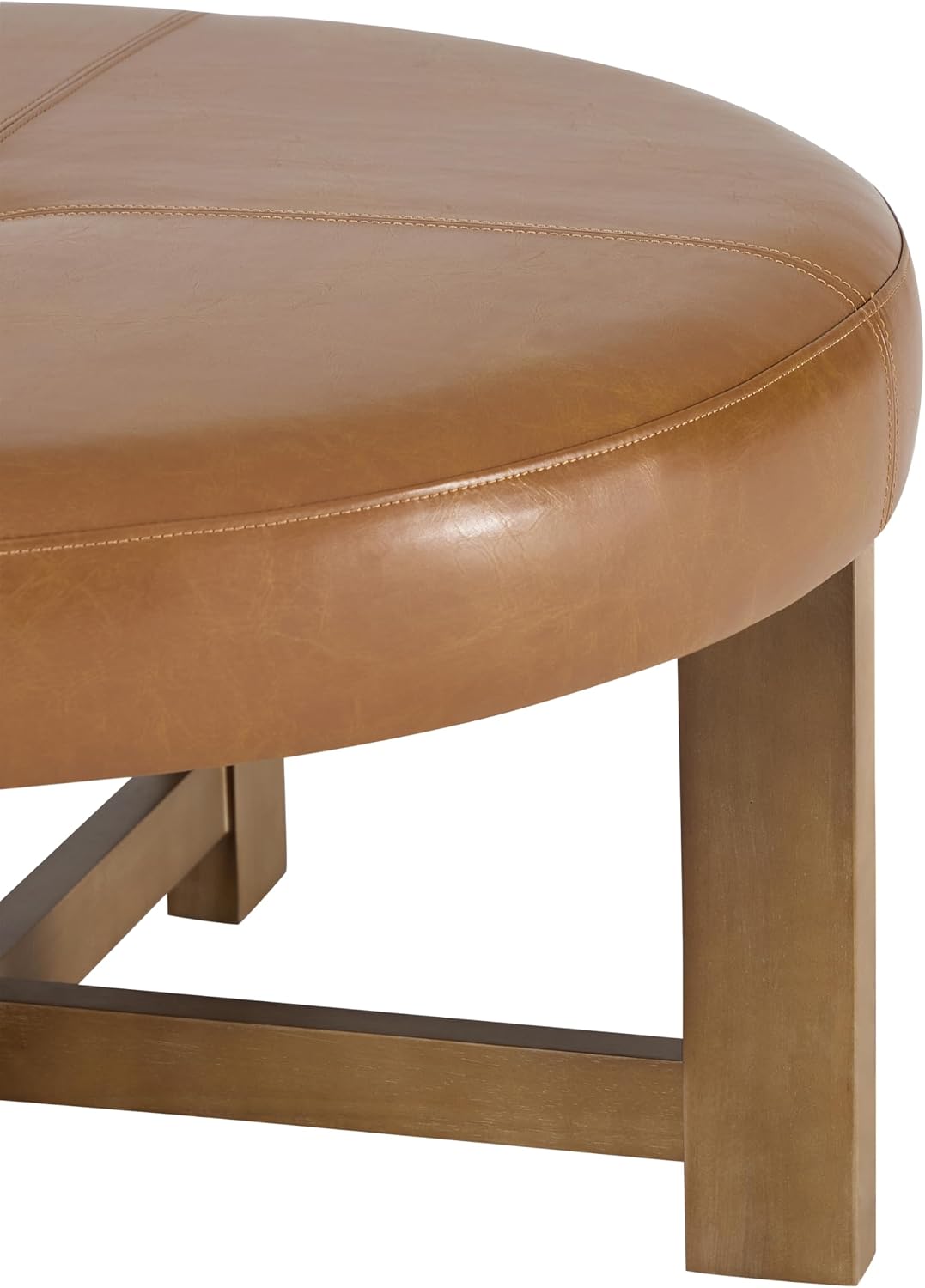 Christopher Knight Home Ladin Modern Round Ottoman Coffee Table, Faux Leather Cocktail Ottoman for Living Room Sofa, Entryway Comfortable Footstool, Wooden Ottoman Foot Rest, Light Brown+Walnut