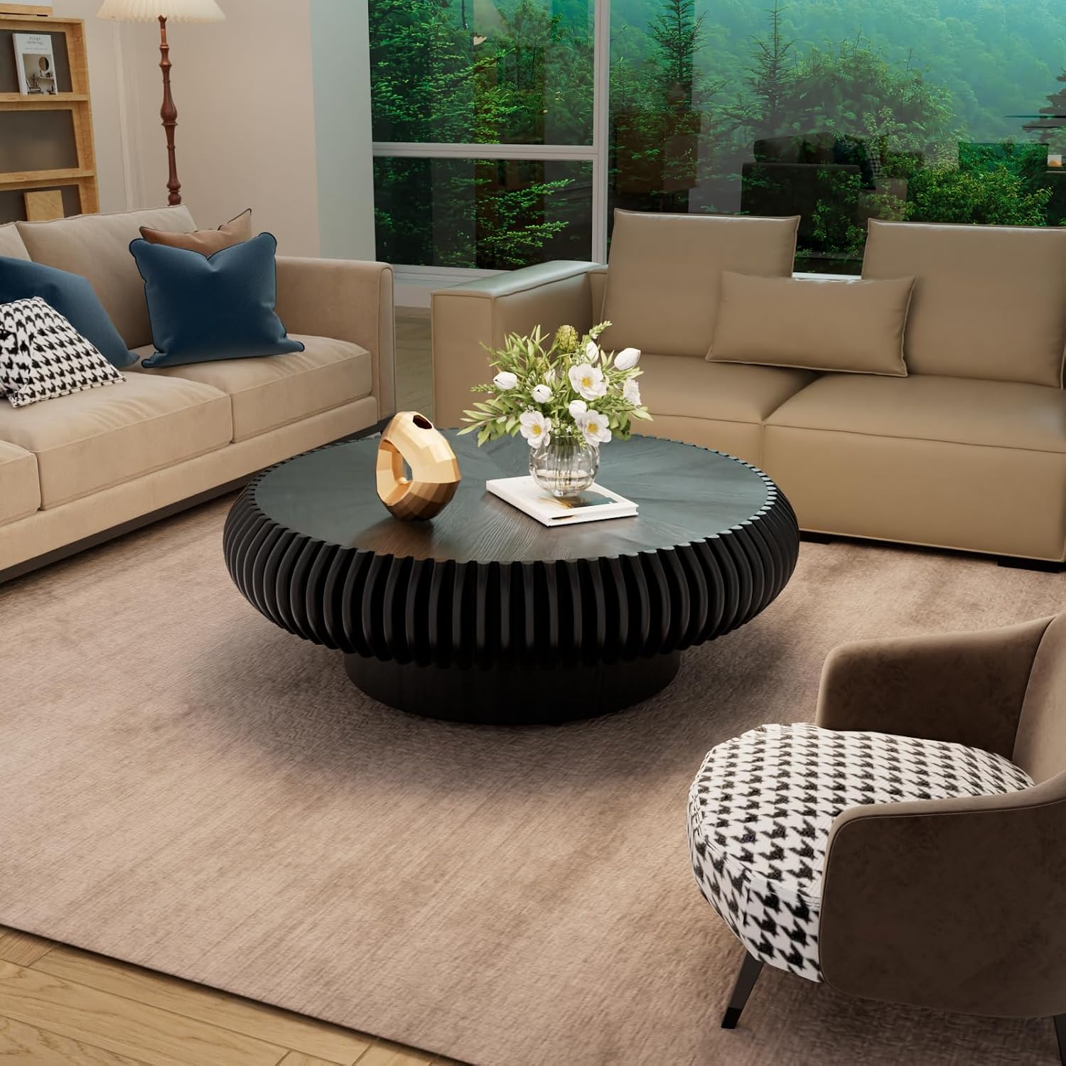 Round Coffee Table for Living Room Modern Black Fluted Coffee Table Round Drum Coffee Tables Low Circle Pedestal Center Table for Small Spaces (A Black, 39.3 in)