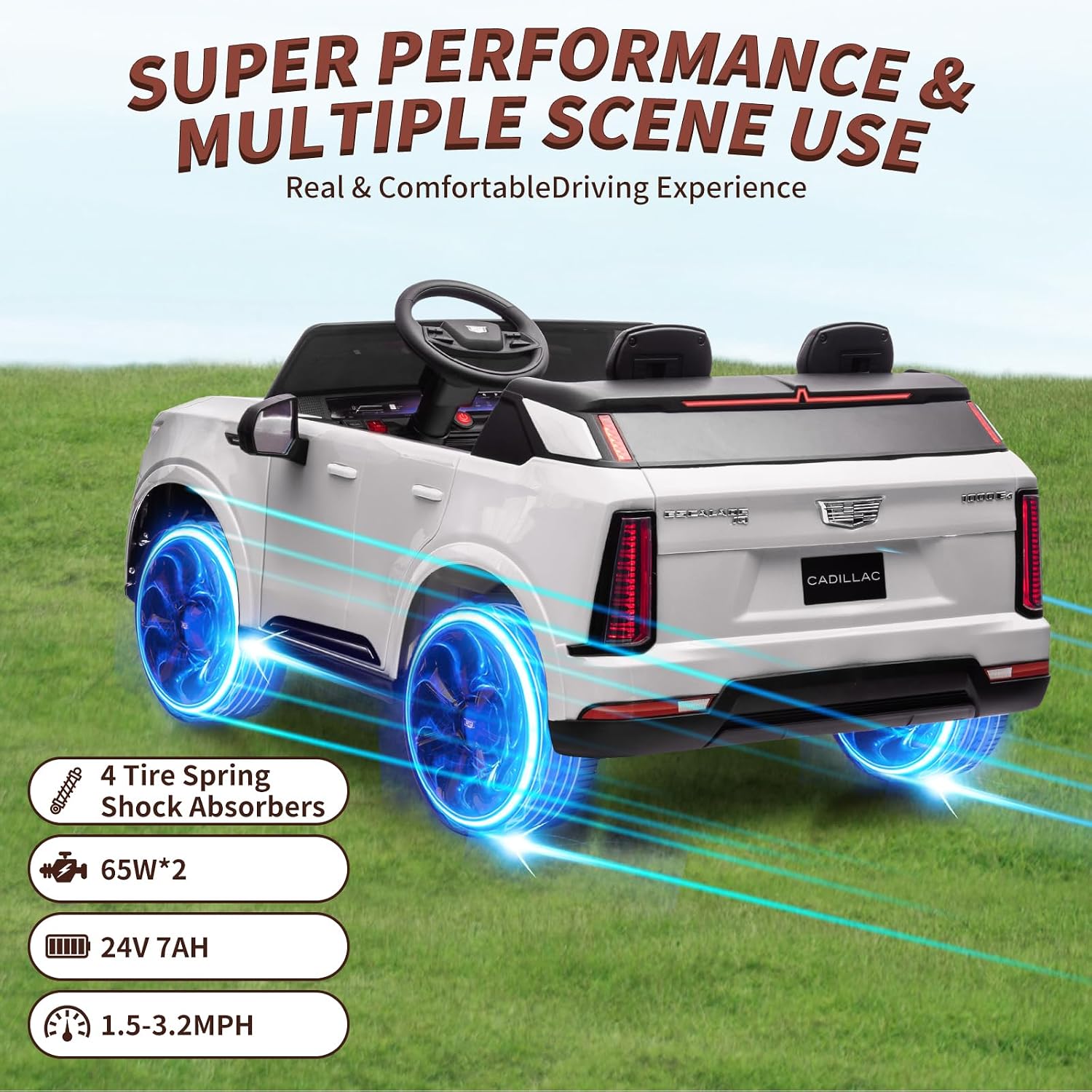 24V Ride On Car, Licensed Cadillac Battery Powered Electric Vehicle w/Remote Control, 2 Seater, 4-Wheel Shock Absorbers, Smooth Start, Music, LED Lights for Boys Girls