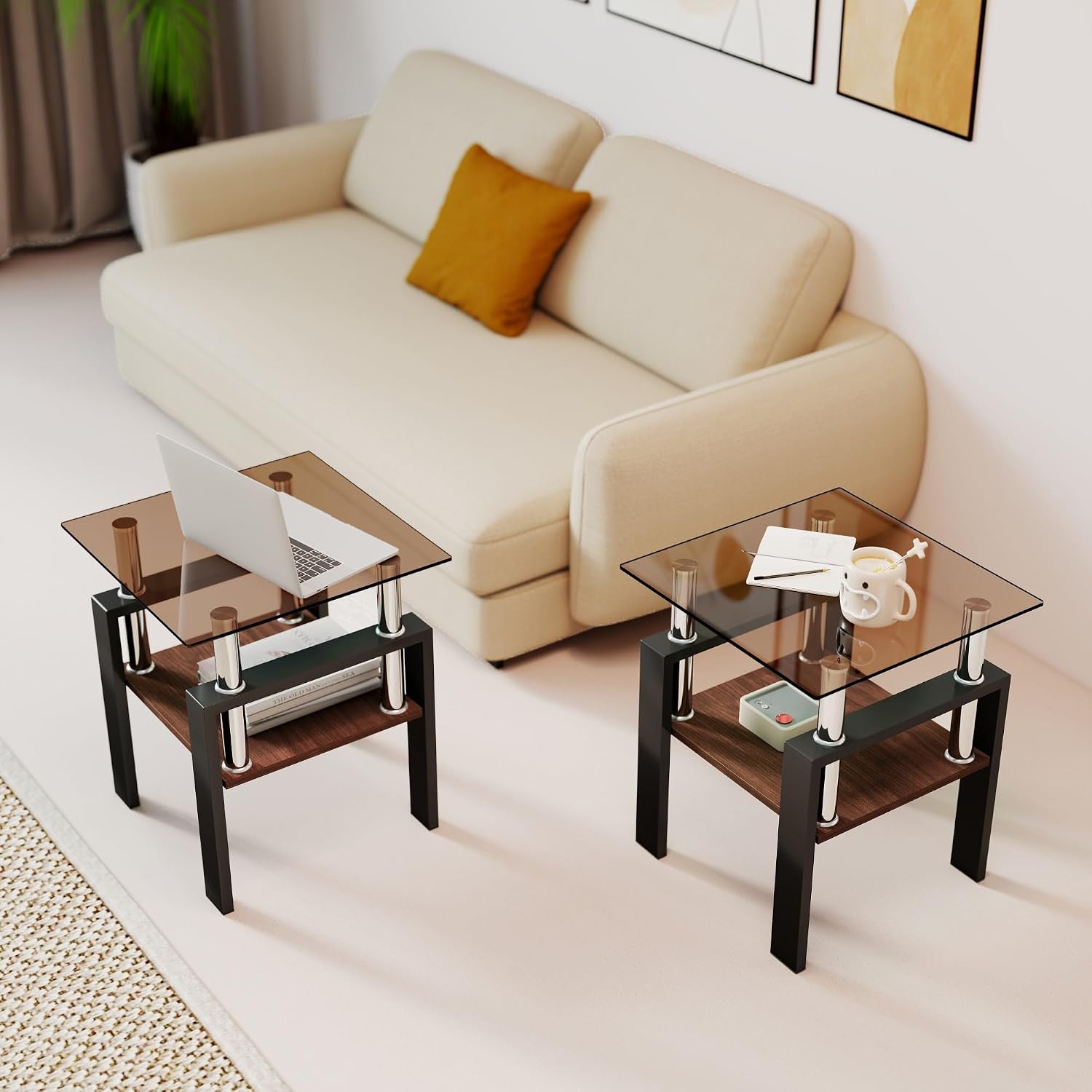 Brown Glass Coffee Table Sets of 3 for Living Room, 39' Mordern End Tables with Storage, Walnut Wooden Shelves & Black Metal Leg, Rectangle Center Table for Small Space Apartment