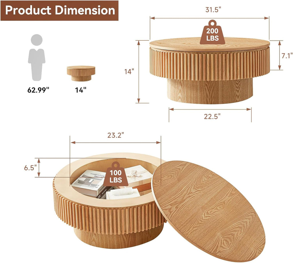 Round Coffee Table with Storage, Small Solid Wood Coffee Table for Living Room, Mid Century Modern Circle Center Tables for Small Space Apartment (31.5''D×14''H-Natural)