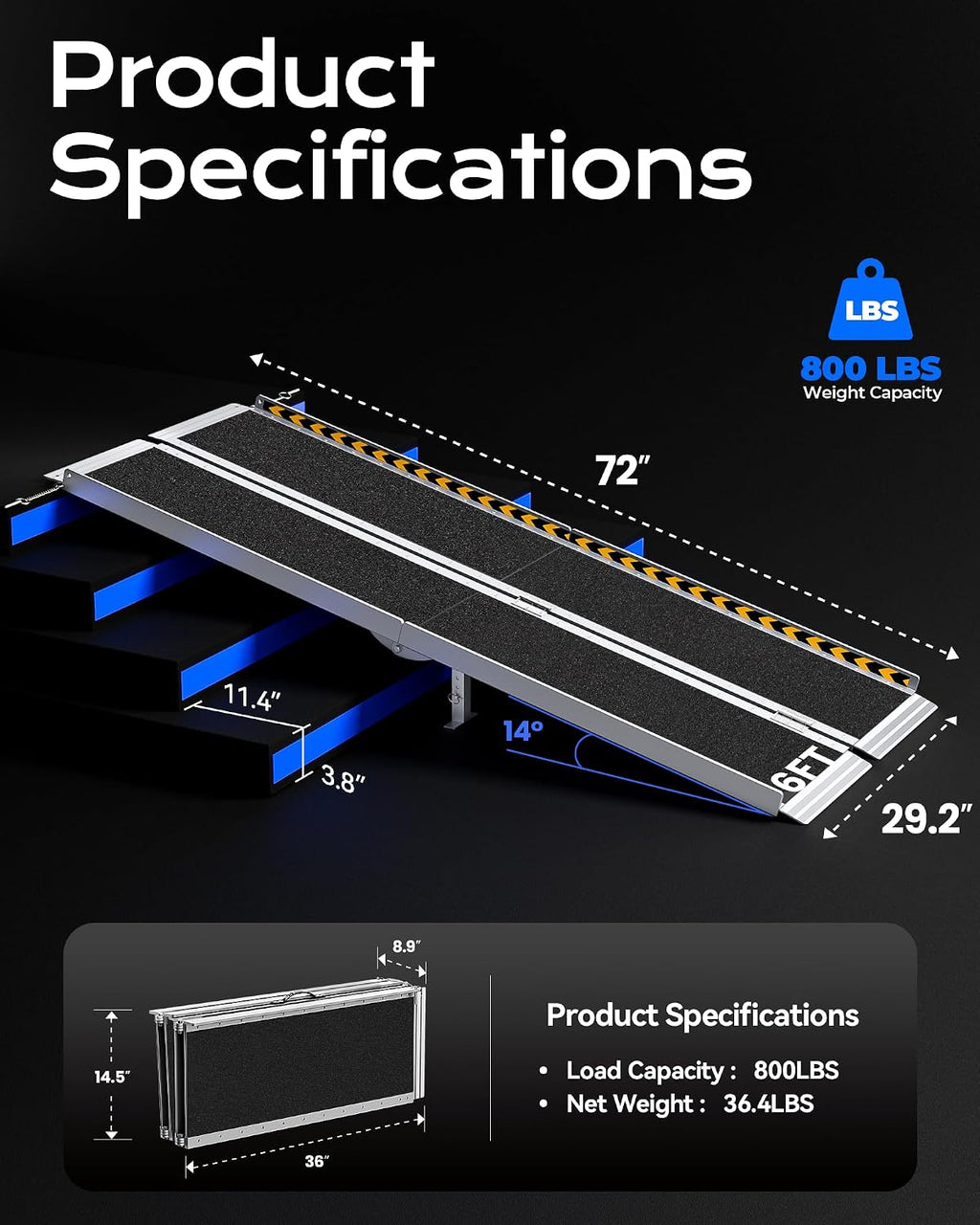 6FT Wheelchair Ramp, Portable Aluminum Ramps for Wheelchairs for Home Steps, 800 LBS Capacity Handicap Ramp for Doorway, Threshold,Front Porch, Entry, Stairs