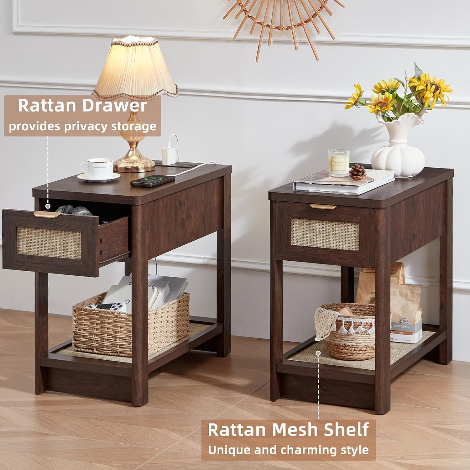 Lerliuo Boho Coffee Table Set of 3, Rattan Coffee and End Table Sets with Charging Station, Living Room Table Set with Open Shelf for Living Room, Walnut