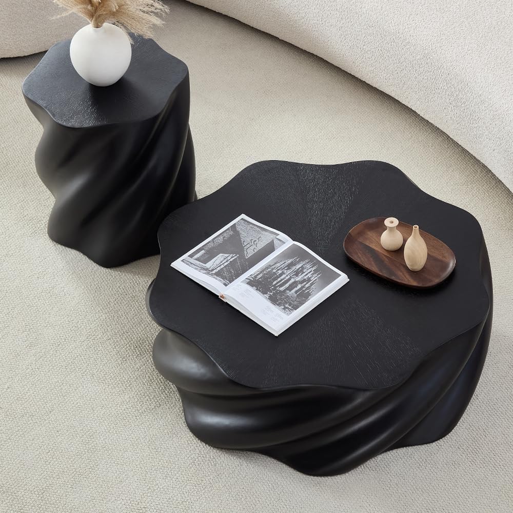 WILLIAMSPACE 35.43' Coffee Table with Flower Shaped, Modern Drum Center Table Fiberglass Faux Stone Tea Table for Living Room Apartment, No Assembly (Black)