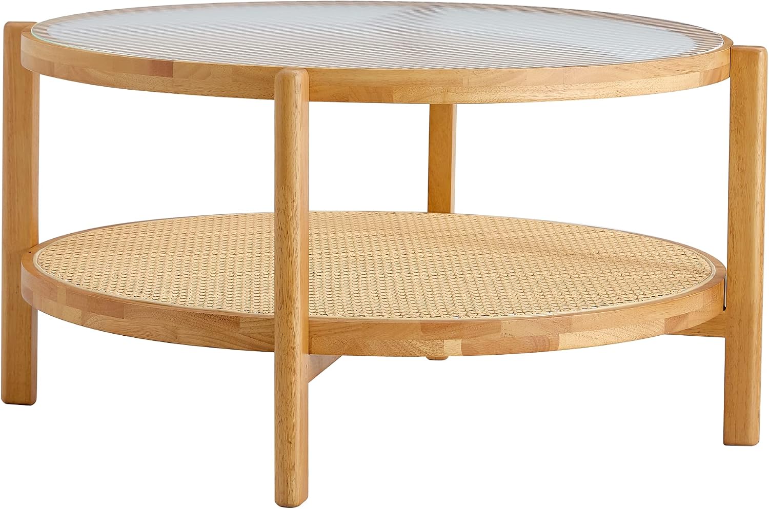 Round Wood Coffee Table with Tempered Glass Top & Rattan Layer, 2-Tier Modern Farmhouse Circle Coffee Table Side Table End Table for Living Room, Easy Assembly (34.6''*17.7'', Wood Color)
