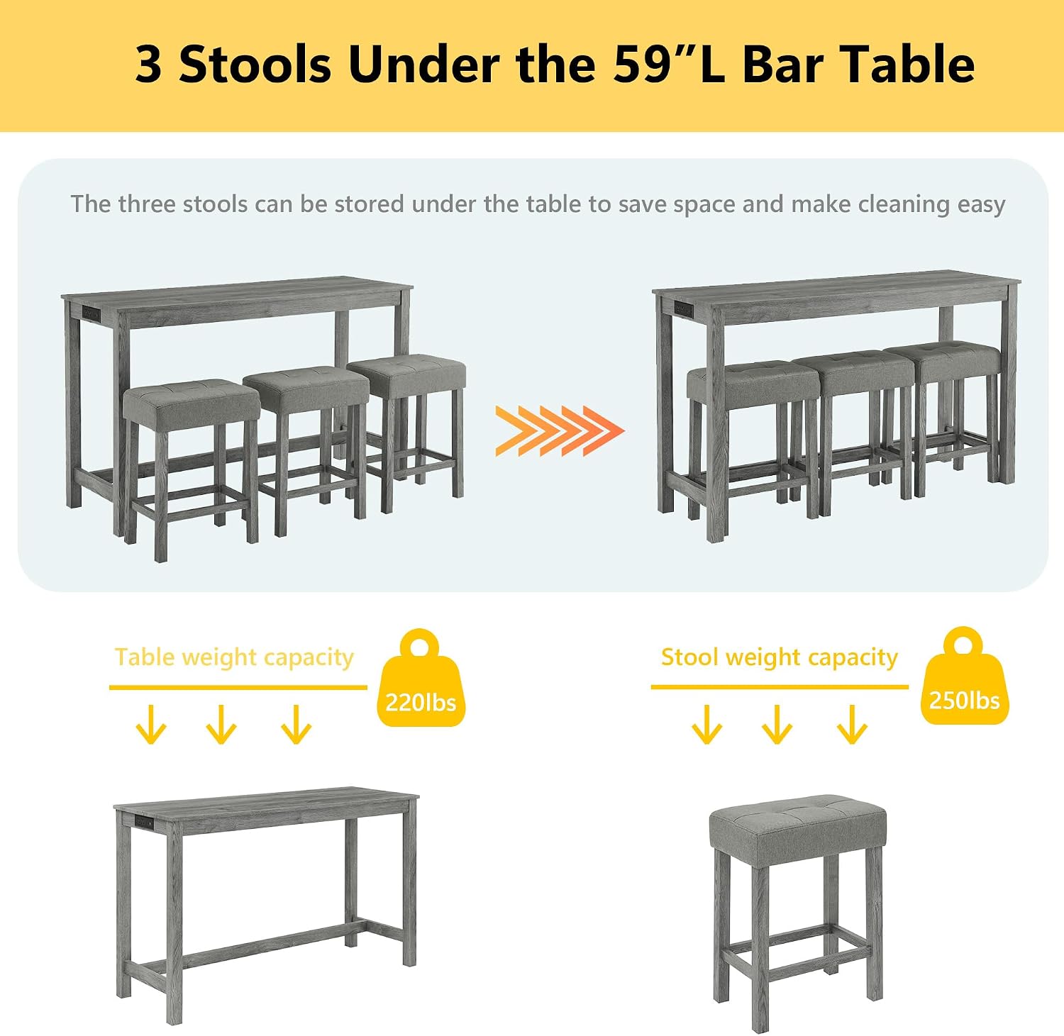 Merax 59' Bar Table Set with Power Outlet,Industrial Breakfast Table with 3 Upholstered Stools w/Footrest,4 Piece Counter Height Bar Table and Chair Set for Living Room,Dining Room,Kitchen,Grey