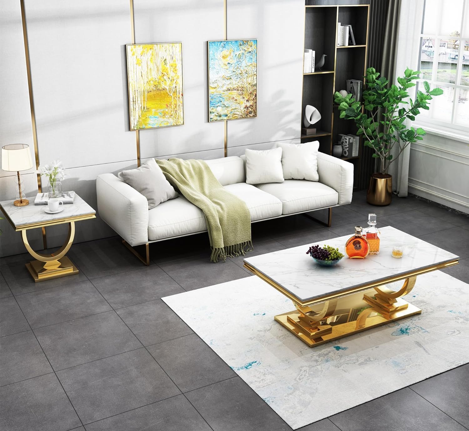 Coffee Tables Set of 3 for Living Room, Marble Coffee Table and 2 End Table Set, White Faux Marble Top&Gold O-Shape Stainless Steel Base, 3 Pieces Living Room Table Sets for Apartment Office