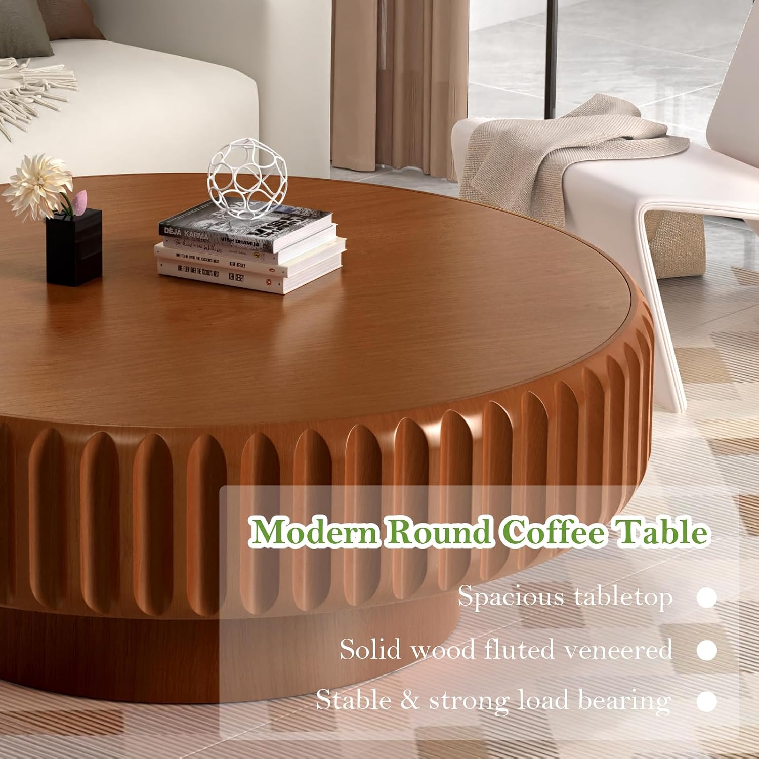 39.37' Round Drum Coffee Table with Storage Rustic Chic Fluted Center Table - Handcraft Solid Wood Veneer Edge for Living Room Farmhouse (A 39.37in)