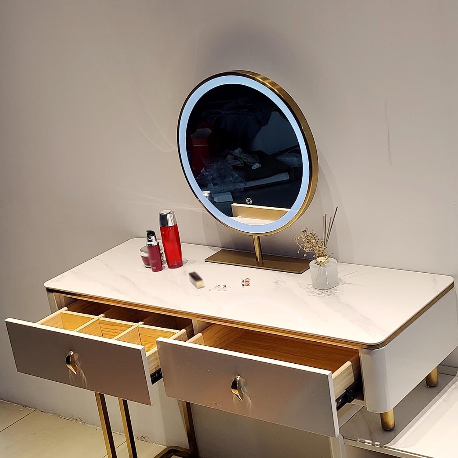 Freestanding Round Vanity Mirror with Led Lights, Bedroom Illuminated Tabletop Mirrors, 3 Color Lighting Stainless Steel Frame Cosmetic Mirror - Touch Switch (Color : Gold, Size : 50x50cm/20, Black