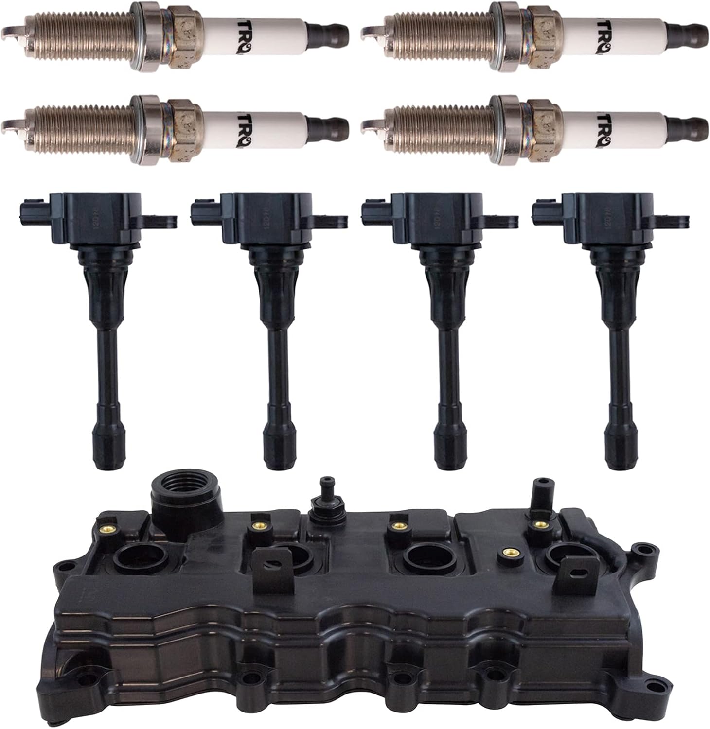 TRQ Ignition Coil and Spark Plug Kit 4 Piece Iridium Spark Plugs Compatible with 2007-2013 Nissan Altima 2008-2013 Rogue 2007-2012 Sentra