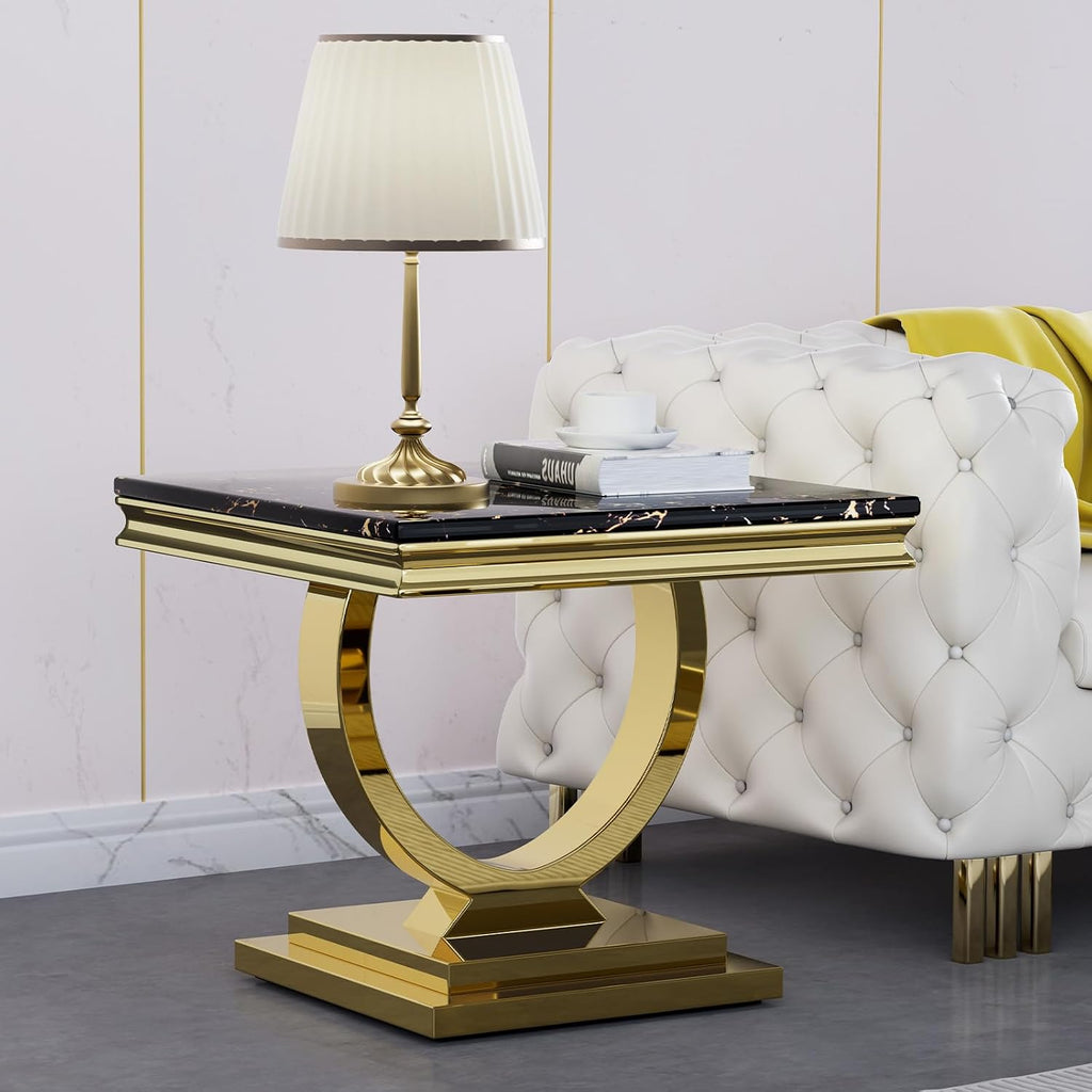 3 Piece Marble Living Room Table Set Modern Black Faux Marble Coffee Table and 2 End Table with Gold O-Shape Stainless Steel Frame Elegant Coffee Table Set of 2 for Home Office