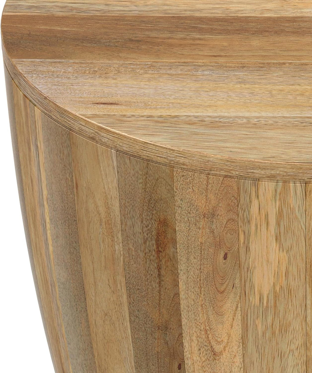 SIMPLIHOME Elmbrook End Table - 21 inch Wide Solid Mango Wood Round Drum Table with Vertical Panel Detailing in Natural, Modern Nightstand or Plant Stand for Living Room or Bedroom, Assembled