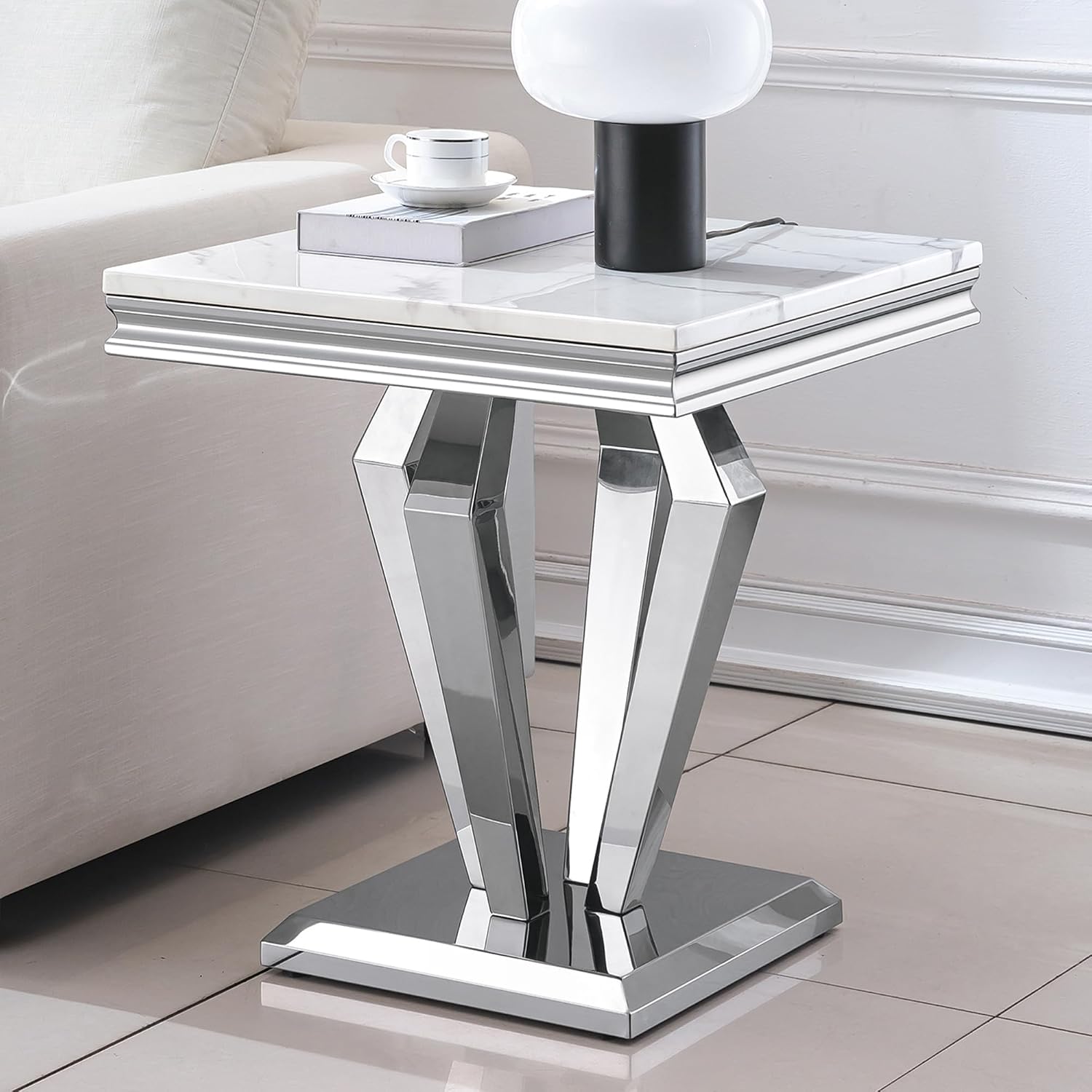 3 Pieces Coffee Table Set, Faux Marble Living Room Table Set of 3, Modern Coffee Table and 2 End Tables with Diamond-Shaped Stainless Steel Base for Living Room (White Silver)