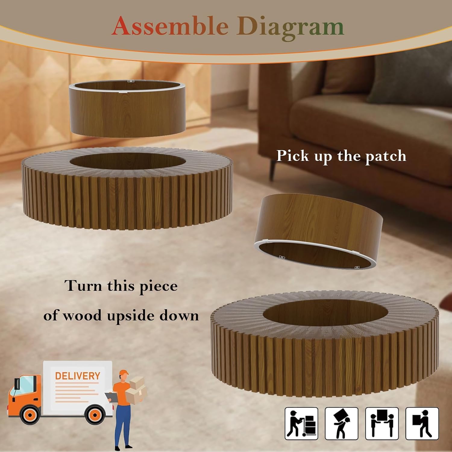 Round Fluted Coffee Table Mid Century Circle Center Tables for Living Room Chic Drum End Table for Small Space Easy Assembly (Round Walnut 31.5in)