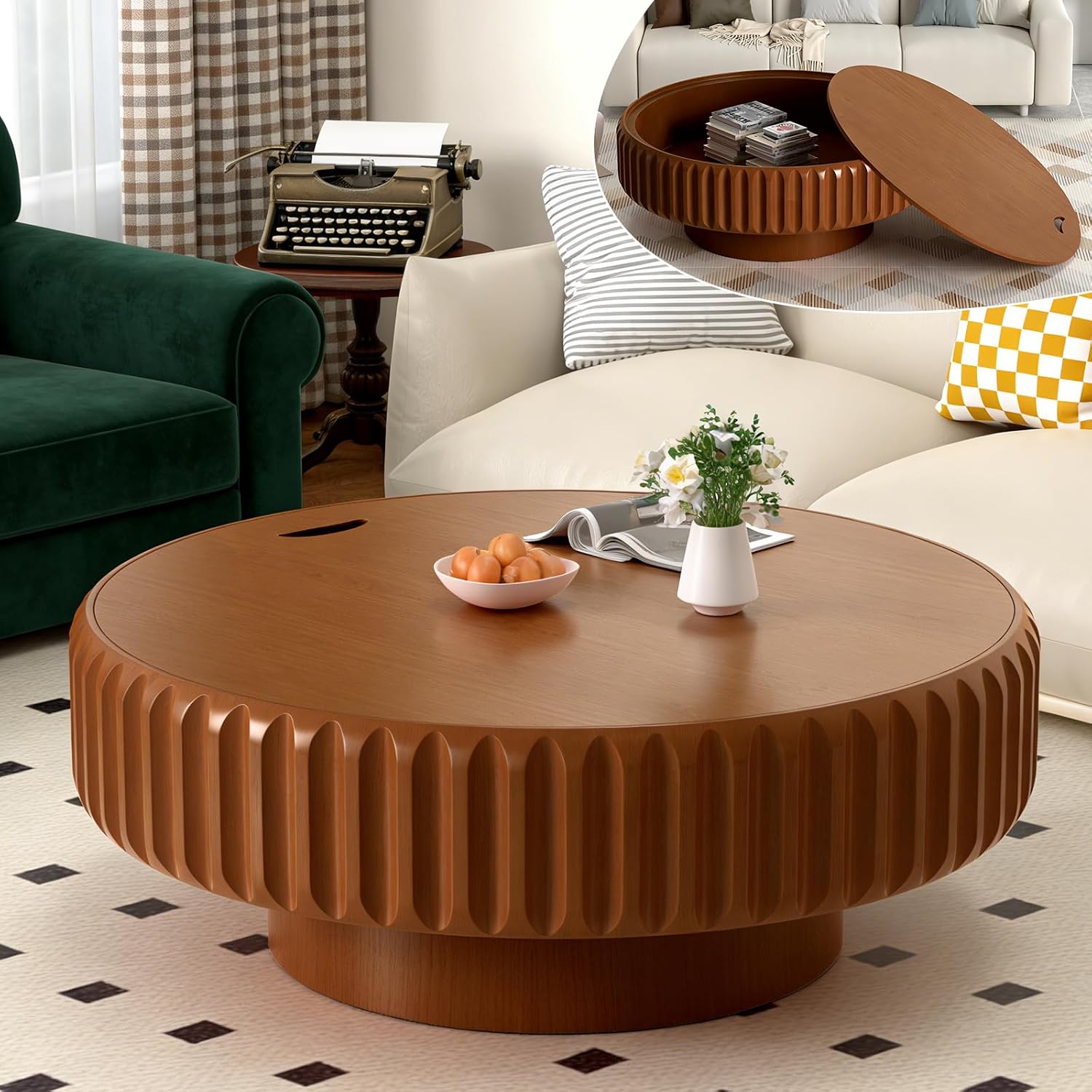 Round Wood Fluted Coffee Table with Storage, 39' Round Fluted Coffee Table with Flip-Top Lid Mid Century Modern Low Circle Drum Coffee Tables for Living Room (Brown, 39 inch)