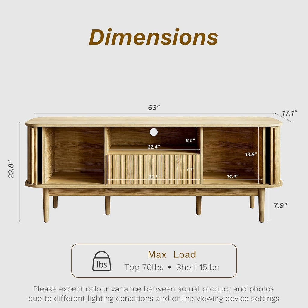 MAISONARIA Living Room Table Sets of 4, Sliding Doors End Table & TV Stand, Wood Coffee Table with Storage, Fluted TV Stand for Bedroom, Living Room (Natural)