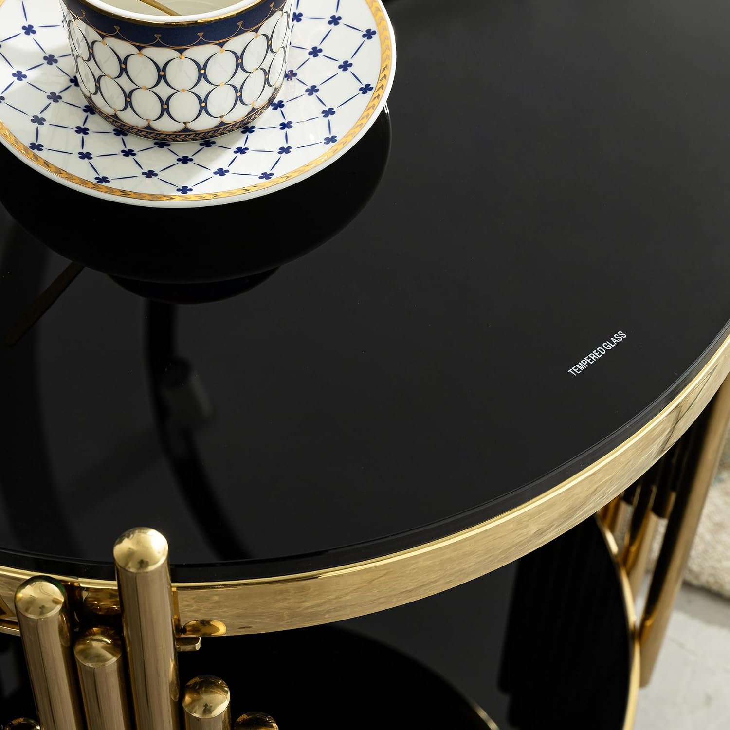 17.72' Black and Gold Tempered Glass Coffee Table with Storage, Luxury Circle Center Table with Shelf, 2 Tier Round CoffeeTable for Living Room Modern Mirror CoffeeTable, Circular Stainless Steel Base