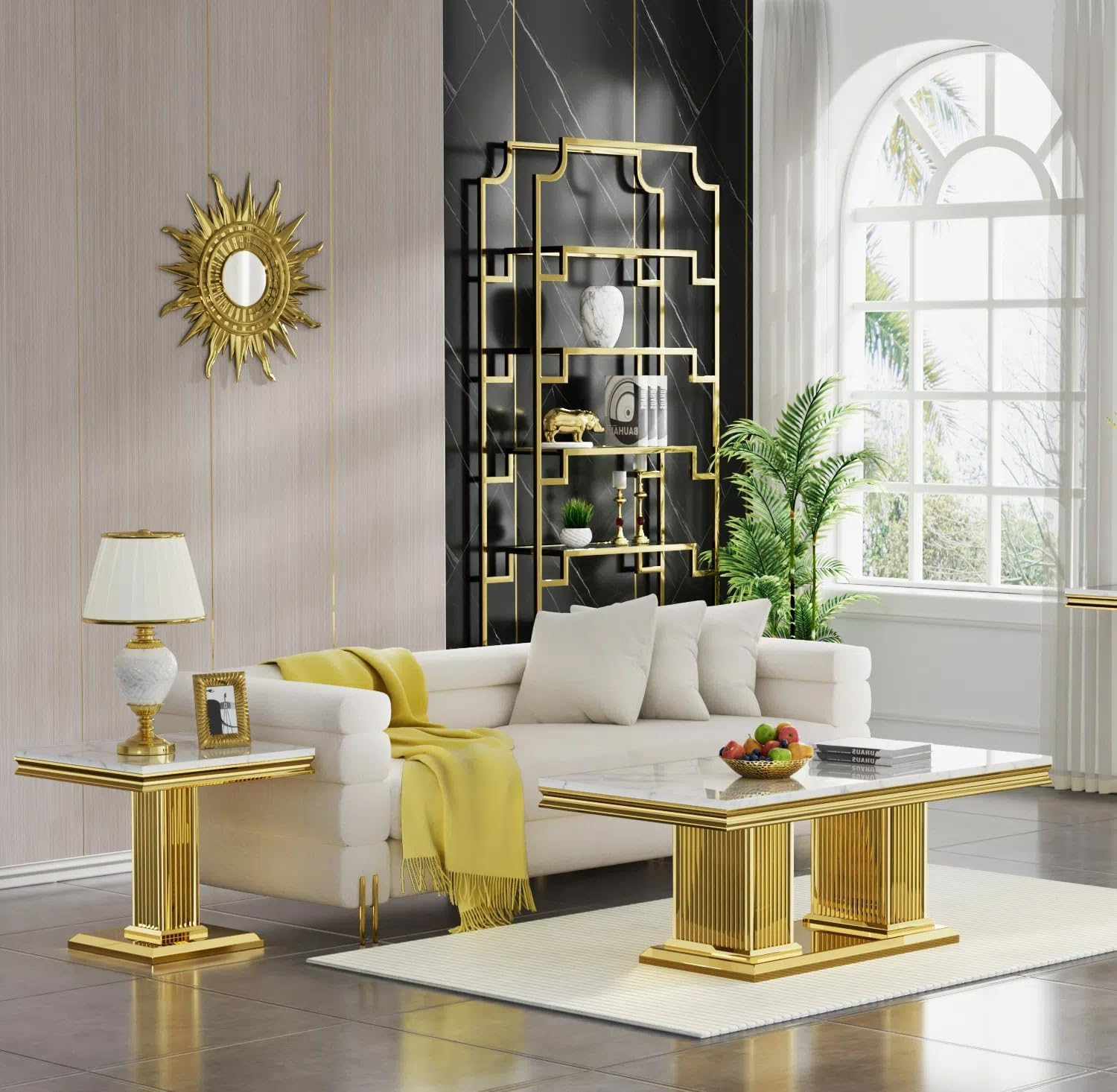 Modern 3 Piece Marble Living Room Table Set, Includes 1 Coffee Table & 2 End Table, Luxury White Faux Marble Coffee Table Set with Gold Column-Shaped Stainless Steel Base for Home Office