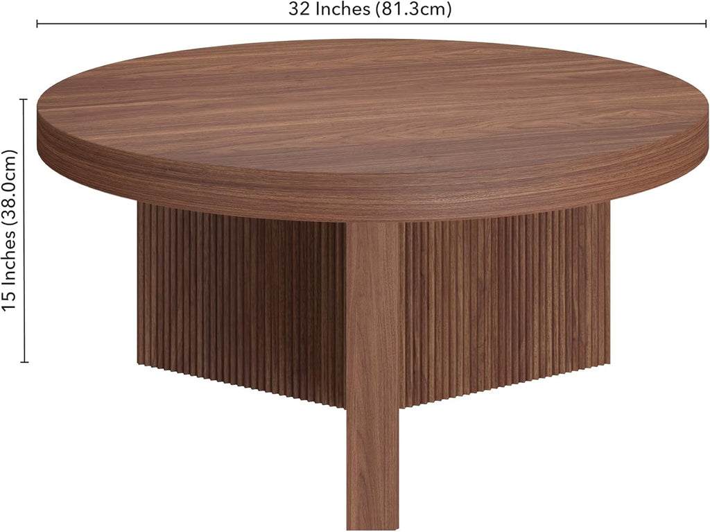 Henn&Hart 32' Fluted Round Low-Profile Coffee Table with Ribbed Pedestal Base Living Room, Family Room, Office, or Apartment, Medium Walnut
