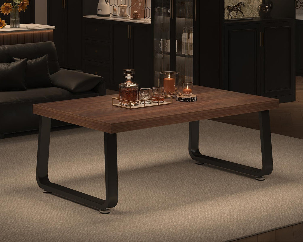 HSH Rustic Walnut Coffee Table, 39' Mid Century Modern Center Table, Rectangle Industrial Living Room Coffee Table, Simple Farmhouse Wood and Metal Tea Coffee Tables for Home Bedroom, Walnut, 39 in