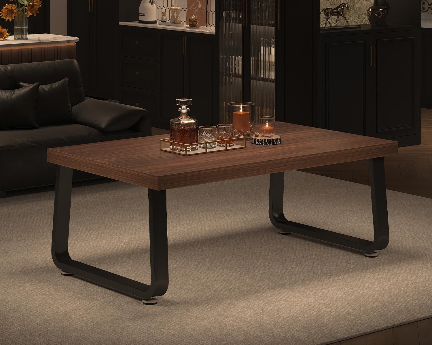 HSH Rustic Walnut Coffee Table, 39' Mid Century Modern Center Table, Rectangle Industrial Living Room Coffee Table, Simple Farmhouse Wood and Metal Tea Coffee Tables for Home Bedroom, Walnut, 39 in