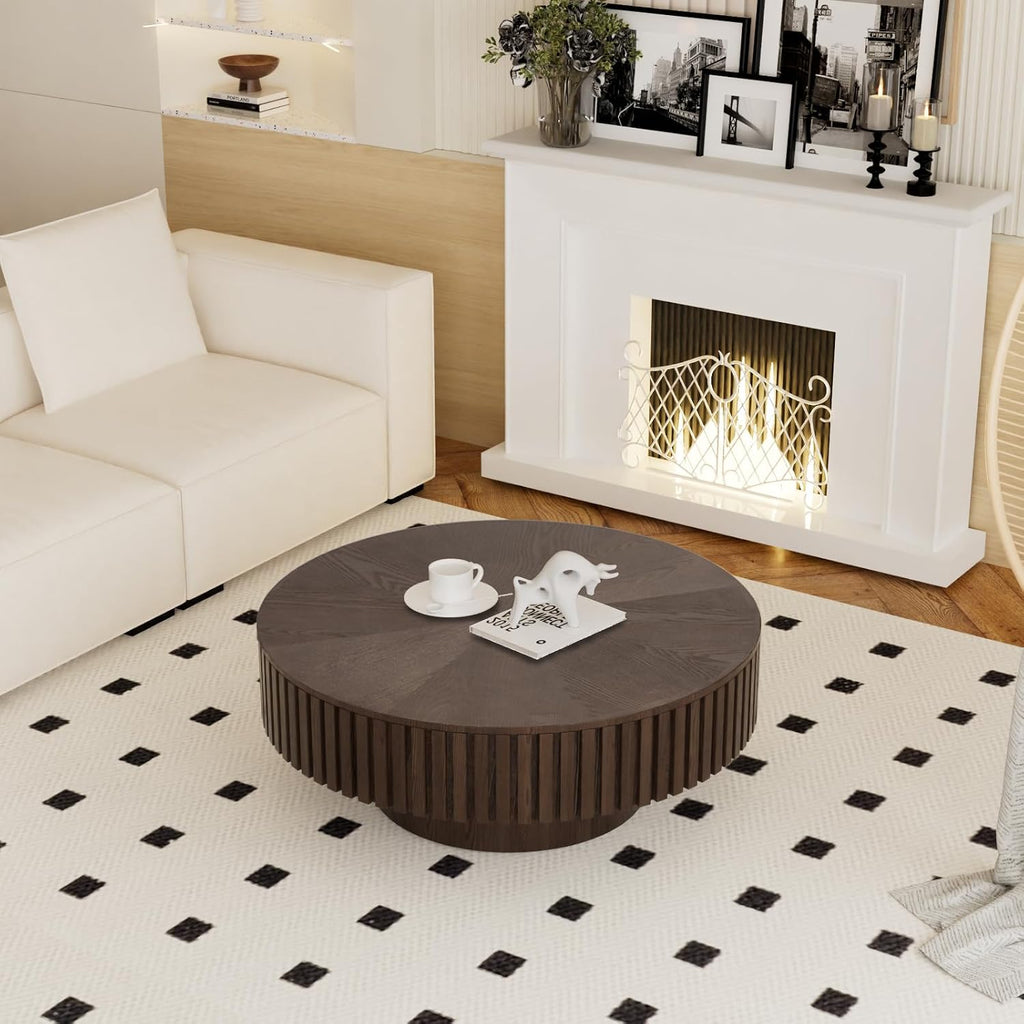 Round Coffee Table with Storage for Living Room Modern Brown Fluted Coffee Table Round Storage Drum Coffee Tables Low Circle Pedestal Center Table for Small Spaces (B Brown, 31.4 in)