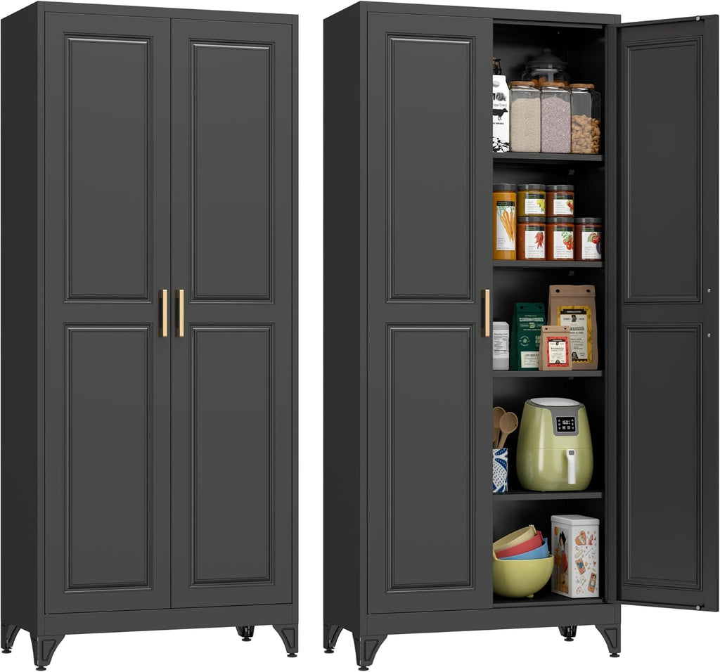 Polup Kitchen Pantry Cabinet, 75' H Metal Storage Cabinet with Doors and Shelves, 4 Standing Feet, Cupboard for Kitchen, Dining, Living Room, 16' D x 32' W x 75' H, Black, Assembly Required
