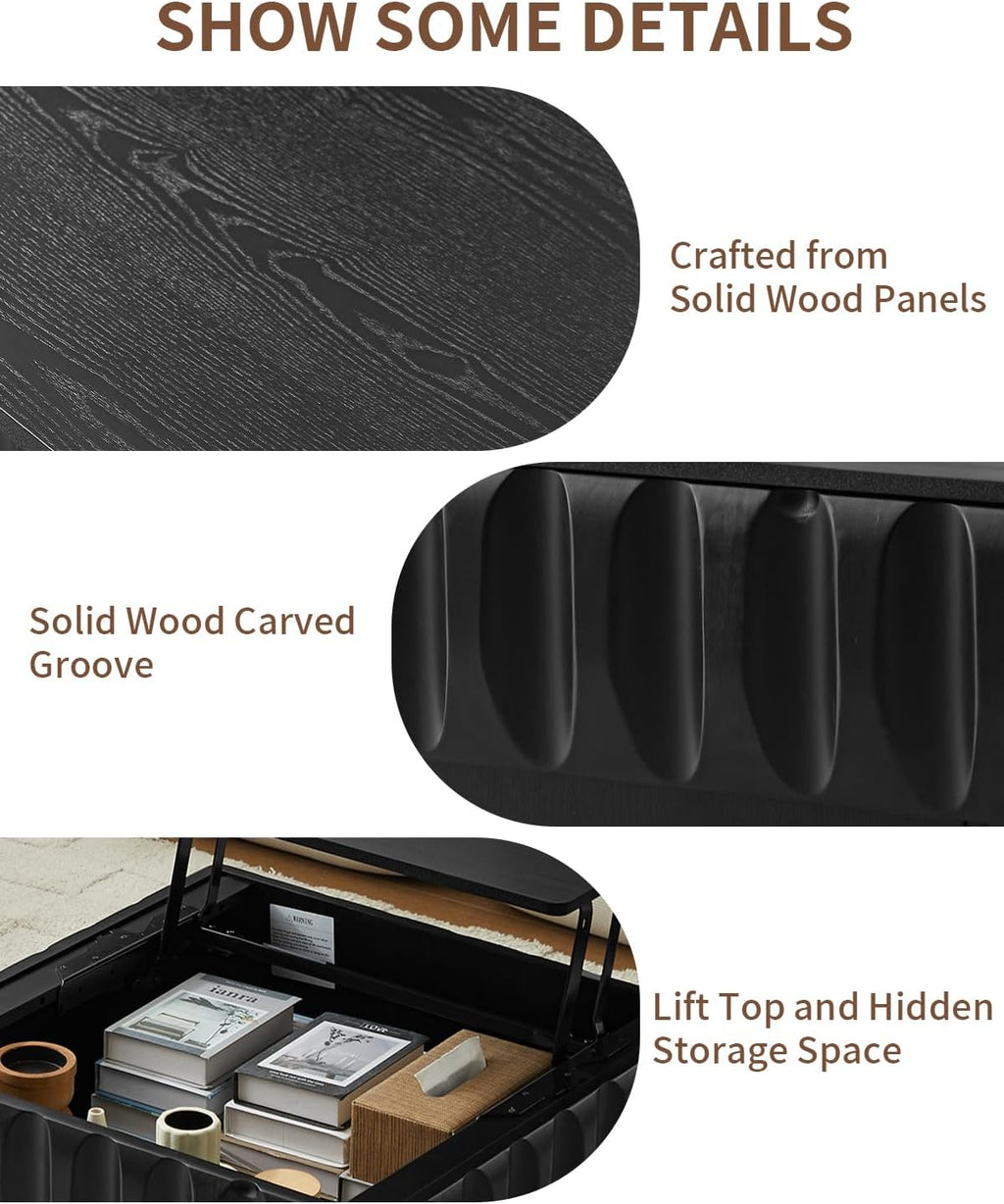 31' Lift Top Coffee Table, Fluted Coffee Table with Hidden Storage, Rectangle Handmade Solid Wood Strips for Small Space Apartment Living Room, Black