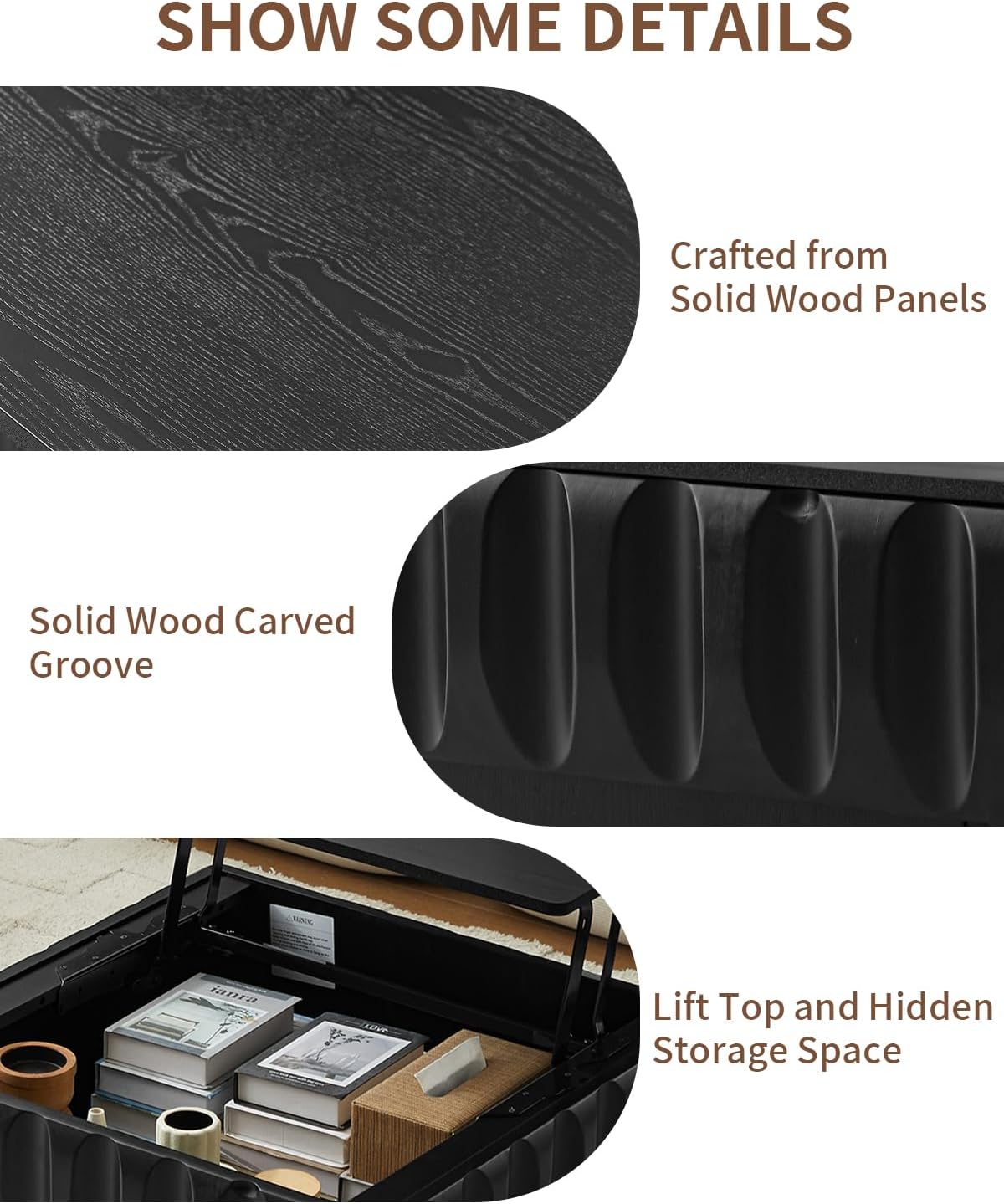 31' Lift Top Coffee Table, Fluted Coffee Table with Hidden Storage, Rectangle Handmade Solid Wood Strips for Small Space Apartment Living Room, Black