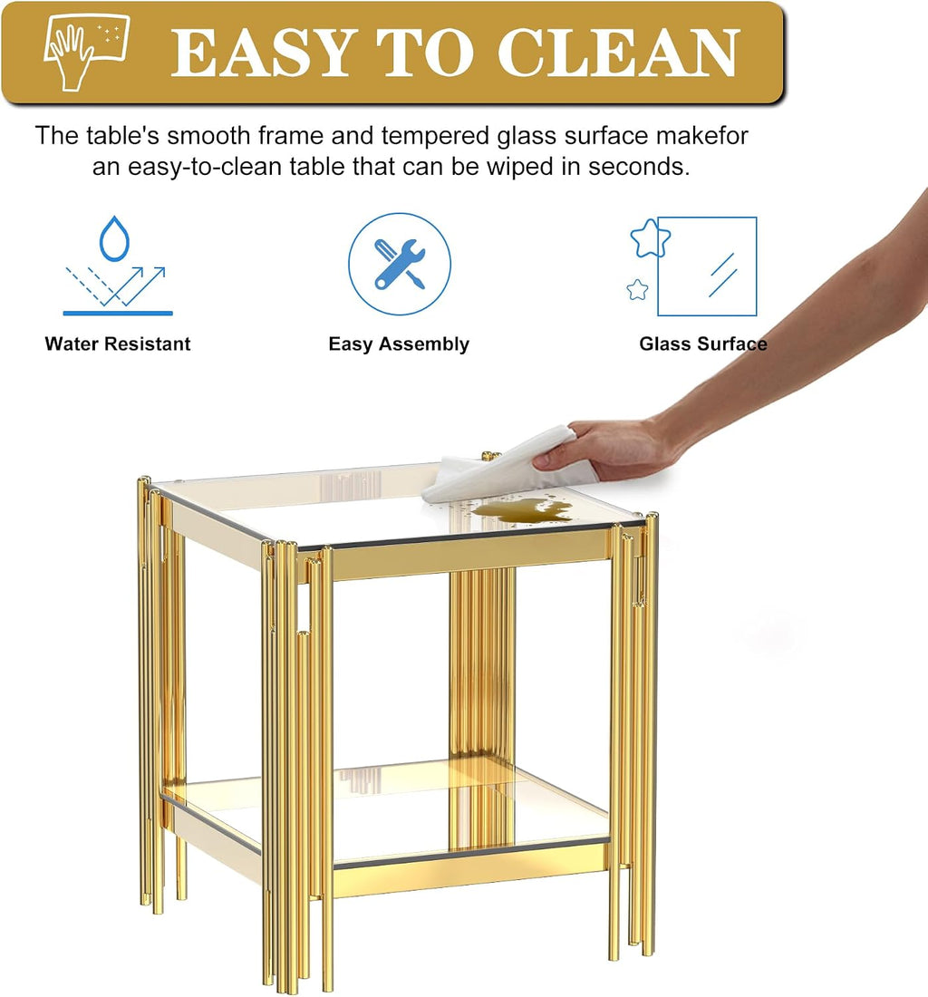 AF ARTISAN FURNITURE 2-Tier Glass End Table Modern Square Living Room Table Sofa Side Table, Stainless Steel Metal Leg Tempered Glass Small Corner Table, Clear&Gold