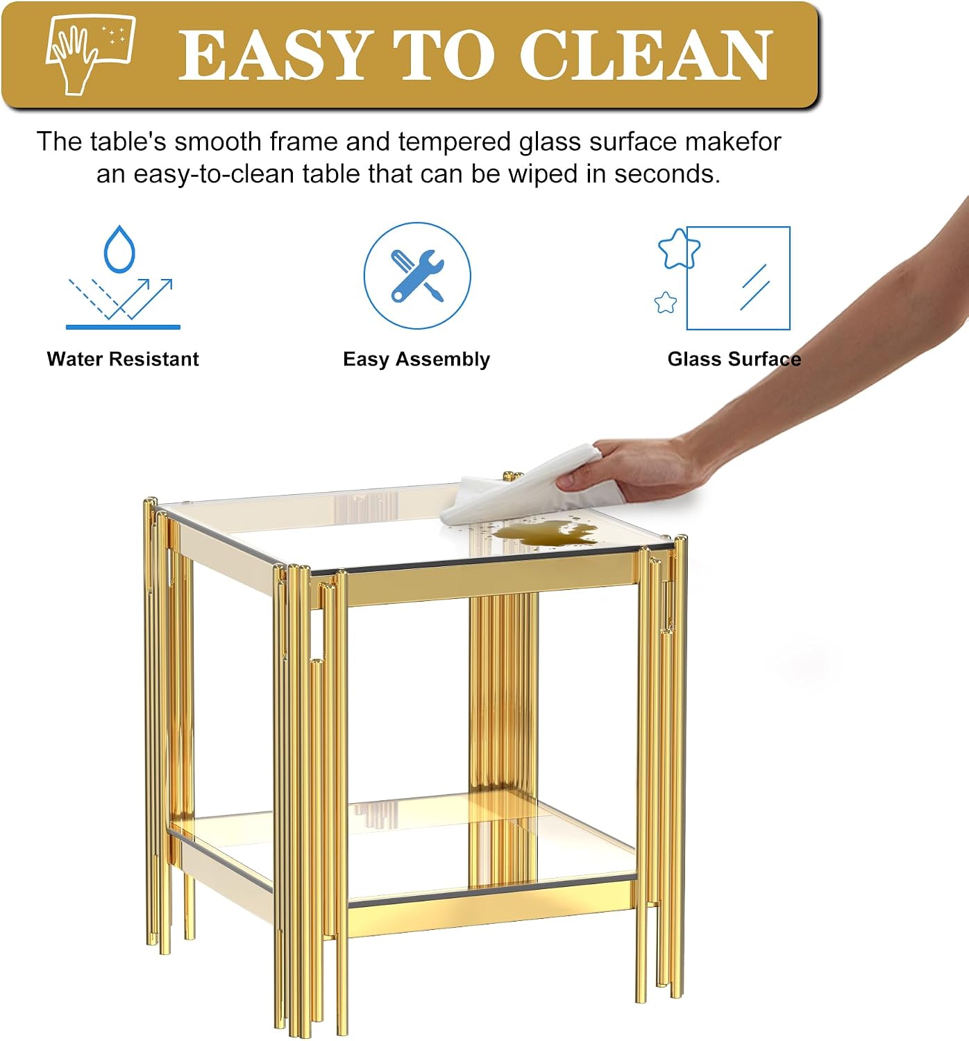AF ARTISAN FURNITURE 2-Tier Glass End Table Modern Square Living Room Table Sofa Side Table, Stainless Steel Metal Leg Tempered Glass Small Corner Table, Clear&Gold