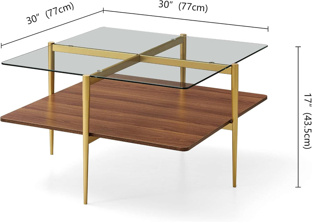 LumFurn X-Large Oval Glass Coffee Table, Mid-Century Modern Design, L47 x W24 x H17 inch, for Living Room, Clear Glass Top and Walnut Finish Wood Shelf, Conical Legs with Gold Finish Frame