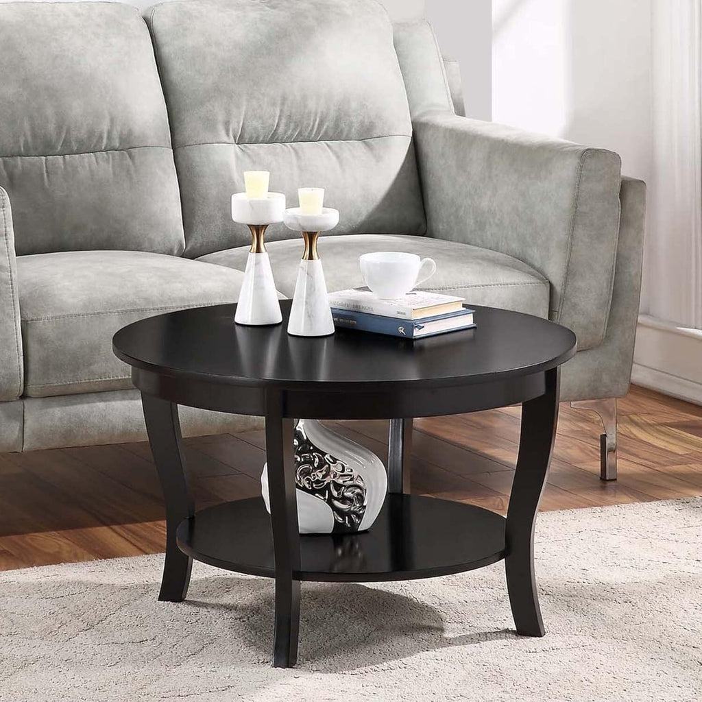 HomeStock Global Greatness Round Coffee Table with Shelf, Wood Finish, Classic Transitional Style Table, Two Tier Spacious Shelving, 30.00 x 30.00 x 18.00 Inch Black