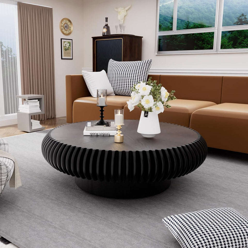 JHKZUDG Round Fluted Coffee Table 39.4'' Wood Drum Coffee Tables Contemporary Circle Accent Center Table Mid Century Side Table for Living Room, Small Space, Apartment (Black, 39.4' Coffee Table)