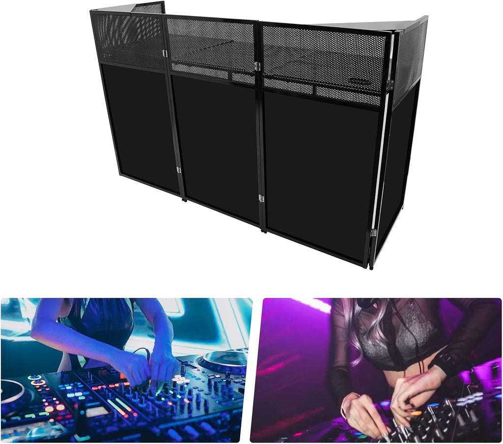 Foldable Dj Booth Stand with Table Top, 23' X 73' Event Facade & Scrim Screen Frame, Portable Dj Desk for Parties/Weddings/Clubs, Heavy Duty 44lbs Capacity