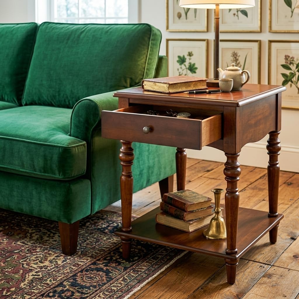 End Table with Drawer and Storage Shelf, Solid Wood Sofa Side Table, Square Beside Table, Telephone Table for Living Room,18.9'L x 18.9'W x 24'H, No-Tools Assembly, Caramel Brown BZ-C008-DR
