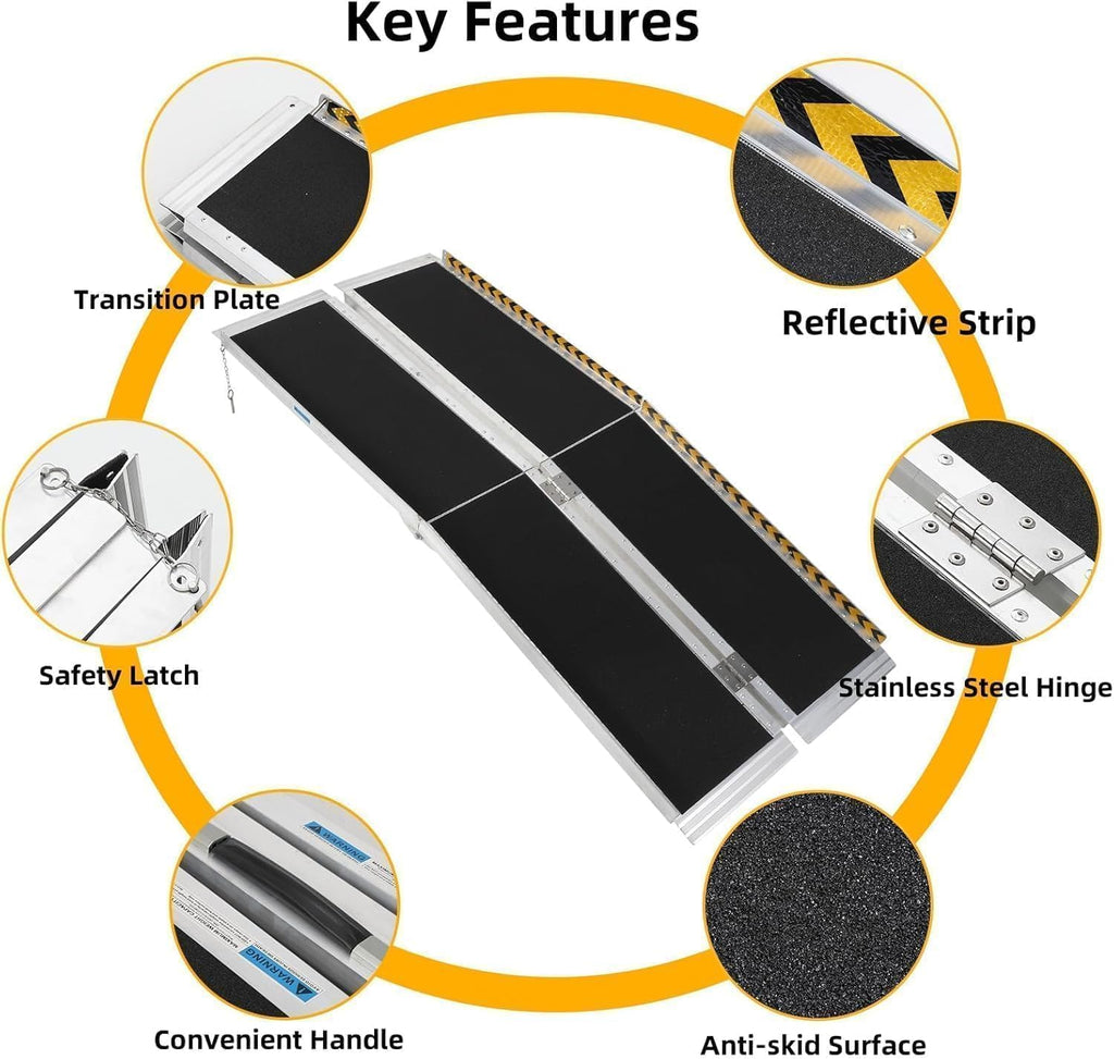7 Feet Portable Wheelchair Ramp 600LBS Capacity, Portable Aluminum Mobility Ramp with Non-Skid Surface, Transition Plate, Reflective Strips,Lightweight, Compact, Side Loading Access