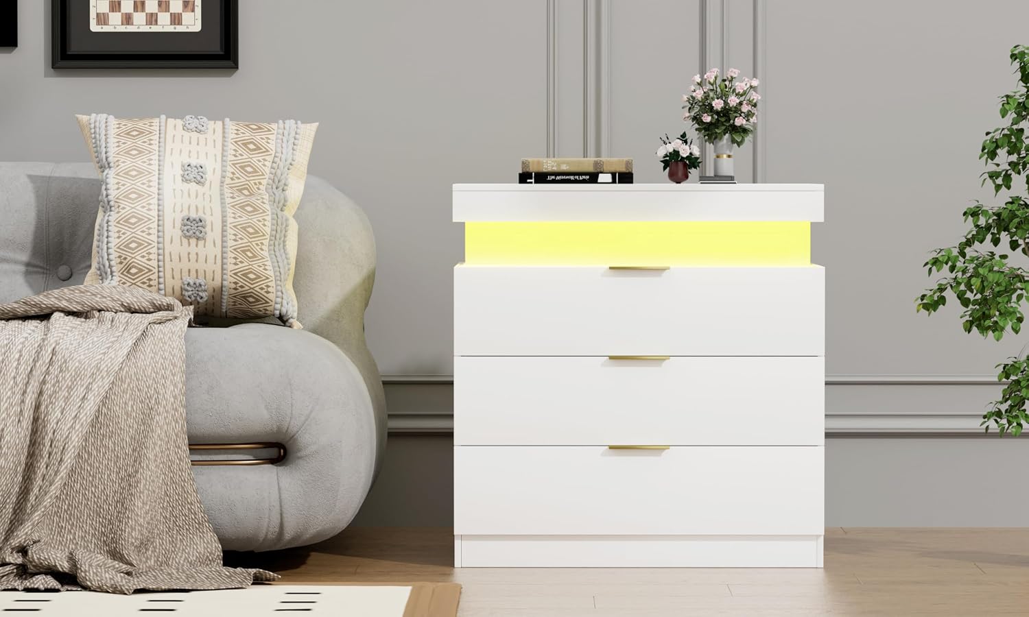 Modern LED Nightstand with Charging Station, 3 Drawers, RGB Lighting, Built-in Power Hub, White End Table, 28.8W x 17D x 30.5H inches (White)