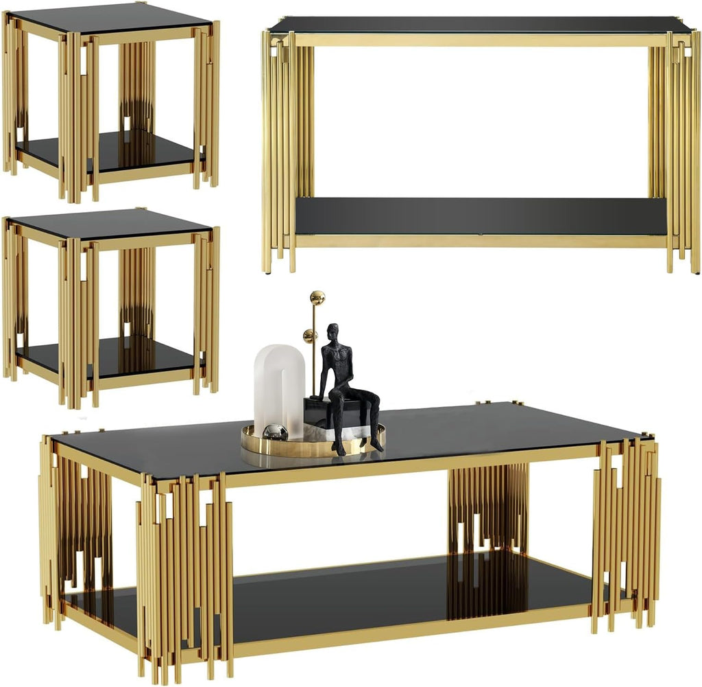 Gold Coffee Table Set of 4 Luxury 2-Tier Glass Coffee Table Console Table & 2 End Table w/Mirrored Stainless Steel Frame Modern 4 Pieces Living Room Table Set for Home Office