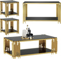 Gold Coffee Table Set of 4 Luxury 2-Tier Glass Coffee Table Console Table & 2 End Table w/Mirrored Stainless Steel Frame Modern 4 Pieces Living Room Table Set for Home Office